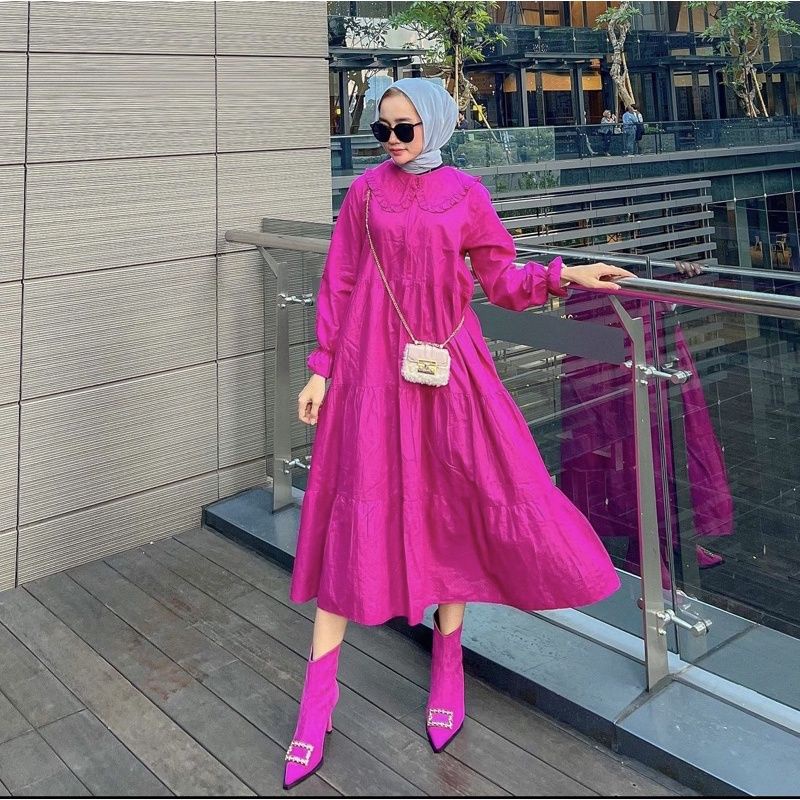 midi dress bahan katun premium/midi dress katun kerah korea/midi dress katun kerah lebar