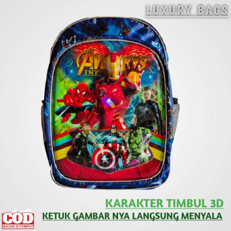 Tas Ransel Sekolah Anak Laki laki SD Karakter Embos Timbul 3D LED