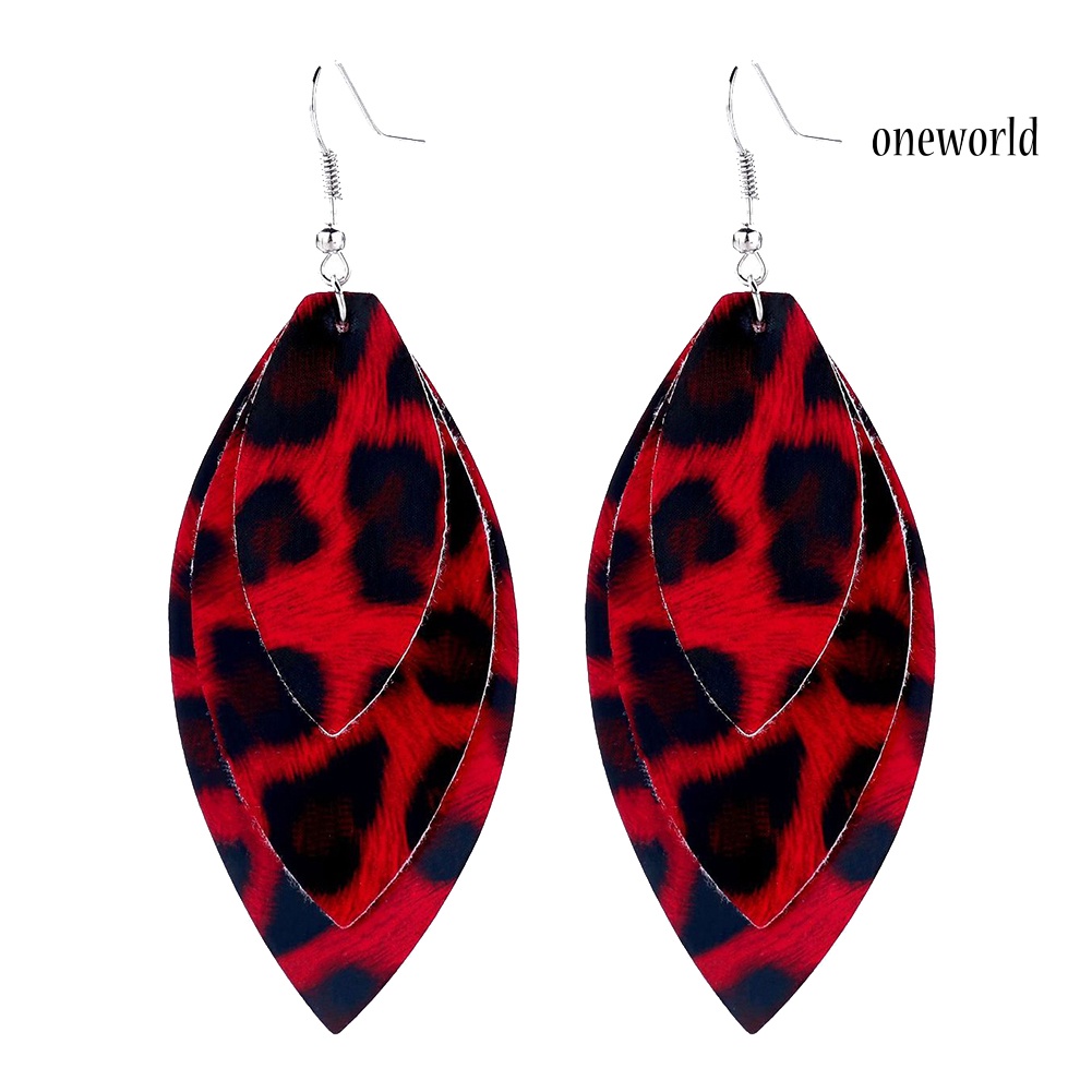 OW@ Women Leopard Triple Layer Leaf Shape Faux Leather Long Dangle Hook Earrings