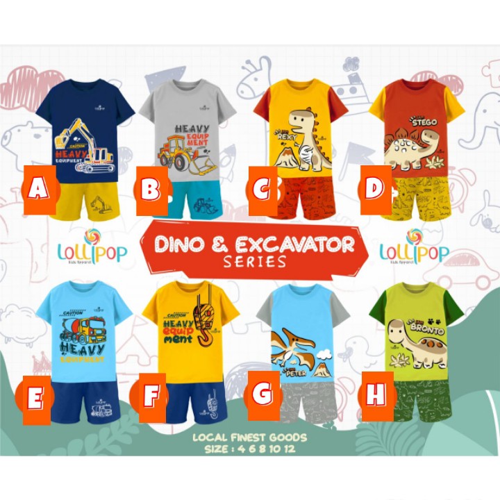 SETELAN ANAK LAKI LAKI MOTIF DINO DAN EXCAVATOR USIA 4-12 TAHUN