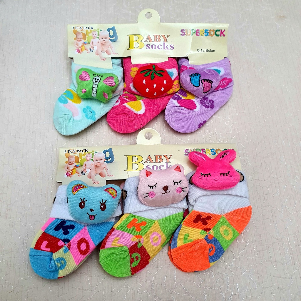 Kaos Kaki Bayi Lucu Murah Motif Boneka Samping Karakter 1 set isi 3 pcs