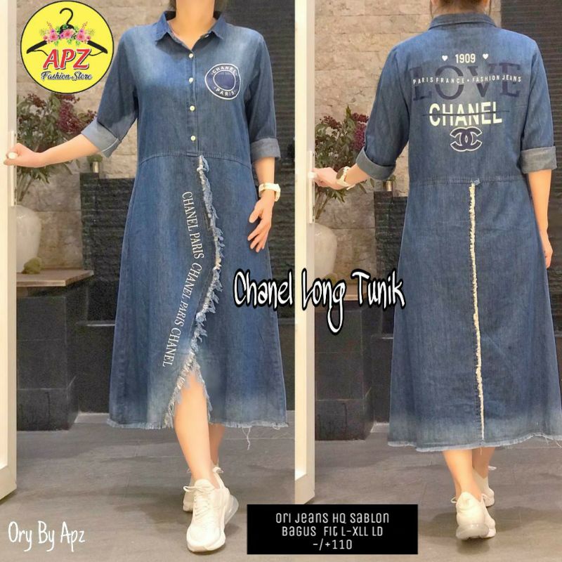 chanel long tunik/tunik jeans wanita modern/long tunik wanita trendi