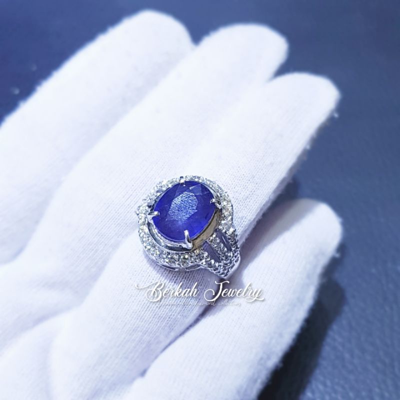 Cincin besar emas putih berlian asli & batu blue sapphire
