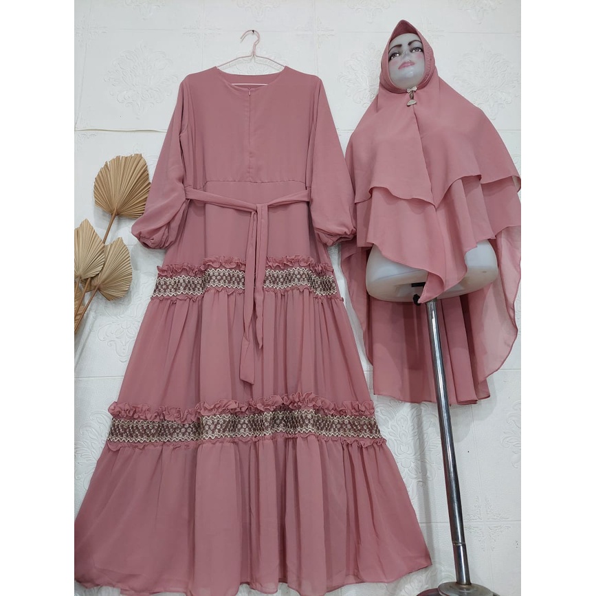 Gamis Ceruty Renda 2undak Terbaru Set Khimar | Gamis Syari Busui Ceruty Babydoll