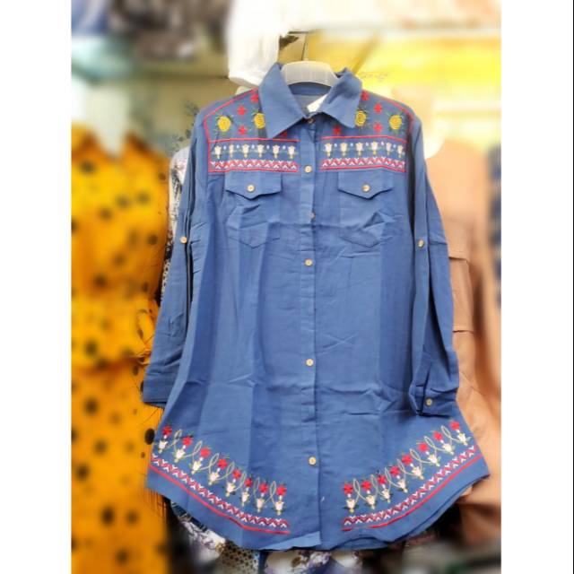 Kemeja tunik wanita bunga bordir import