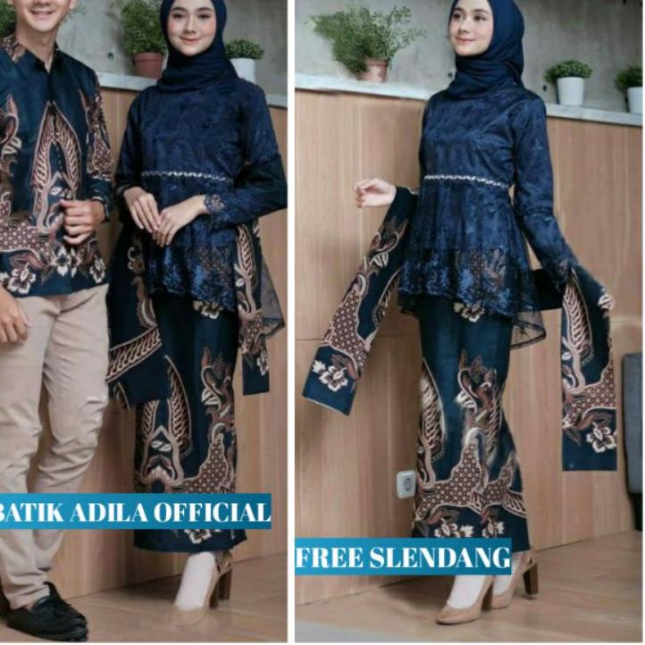Terbaik! Couple Kebaya Modern Baju Wisuda Tunangan Lamaran Baju Batik Brokat Couple navy ~