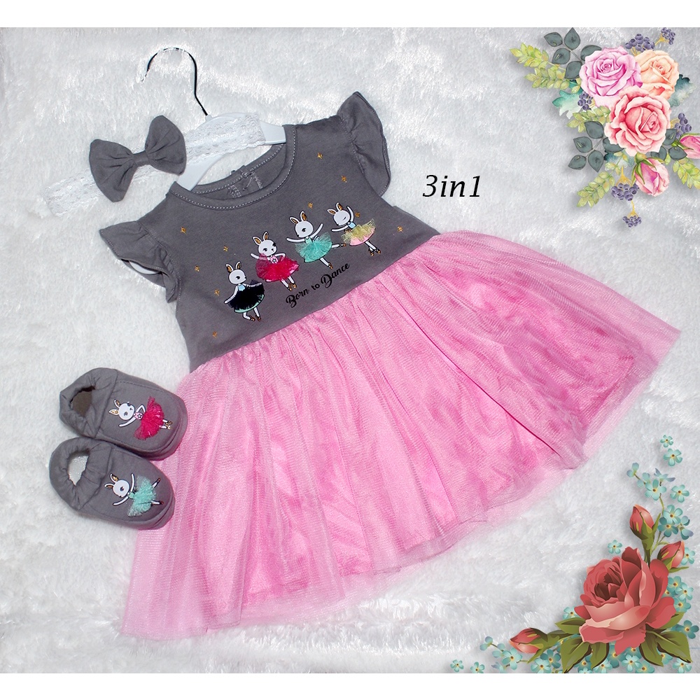 Rabbit 3in1/Kado Bayi Lahiran  ( Dress,Sepatu dan Bando ) Motif Kelinci Bahan Kaos Kombi Tile FREE Bandana Dan Kaos Kaki