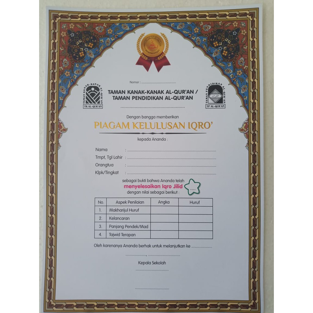 

Kartu Piagam Kelulusan Iqro