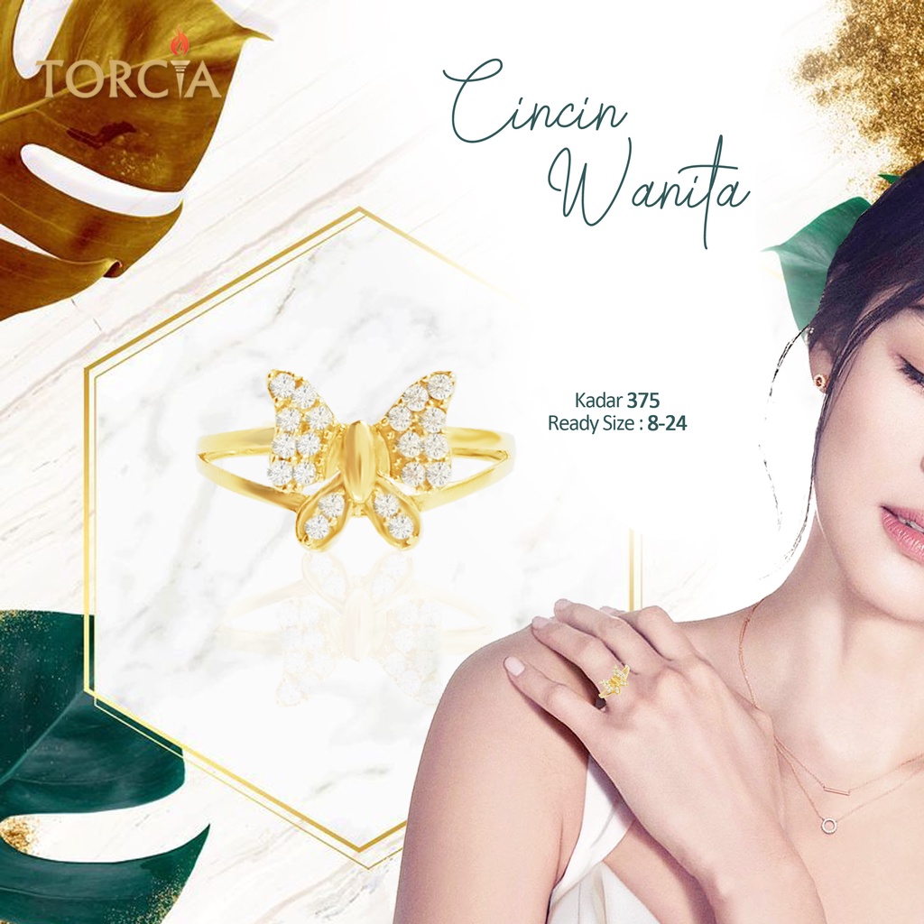 Cincin Emas Asli Kupu-Kupu Unik Kadar 375 Torcia Gold