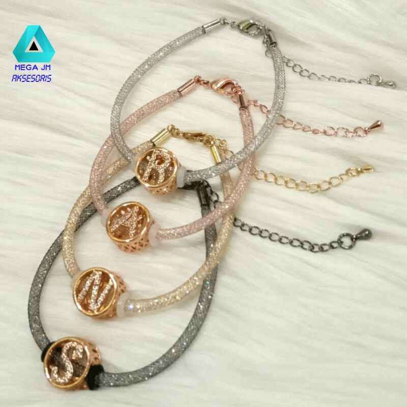 Gelang tali kawat kristal Gliter Swarovski pelus huruf (free dua karet)