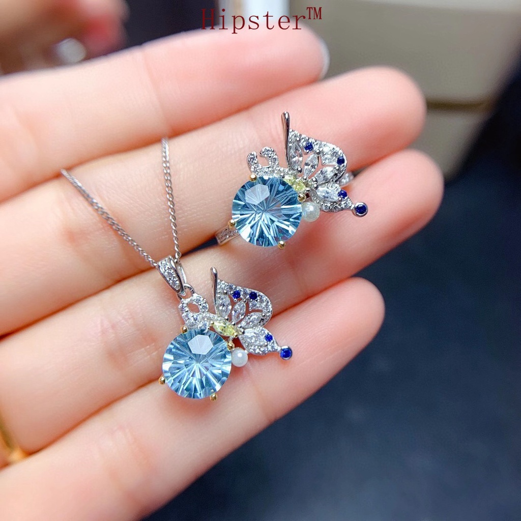 New Super Fairy Design Butterfly Suit Sky Sapphire Rings Pendants Necklace