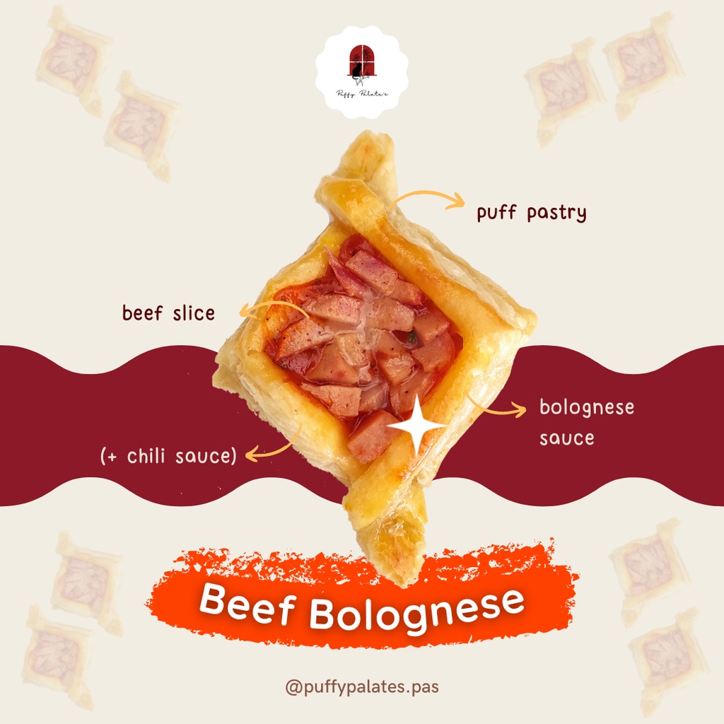 

Kue Cemilan Oleh-Oleh Puff Pastry Savory Temptation by Puffy Palate's - Beef Bolognese
