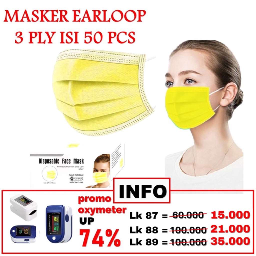 HC Masker Earloop Warna Warni 3Ply Masker Disposable 50 Pcs Facemask Kesehatan 3 Ply Kemasan Box-HC6629 KUNING