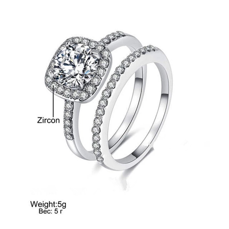 2pcs / Set Cincin Cubic Zirconia Bentuk Kotak Untuk Pernikahan