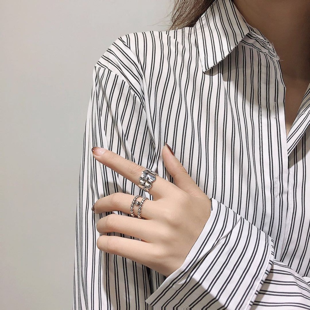 Cincin Model Terbuka Desain Geometri Lapis silver Gaya Jepang Dan Korea Untuk Wanita