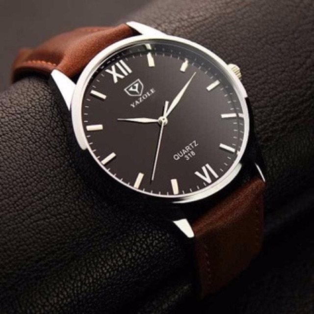 Yazole Ronaldo YZ318 Original Jam Tangan Pria Analog Premium Blue Crystal Tali Strap Kulit- Coklat