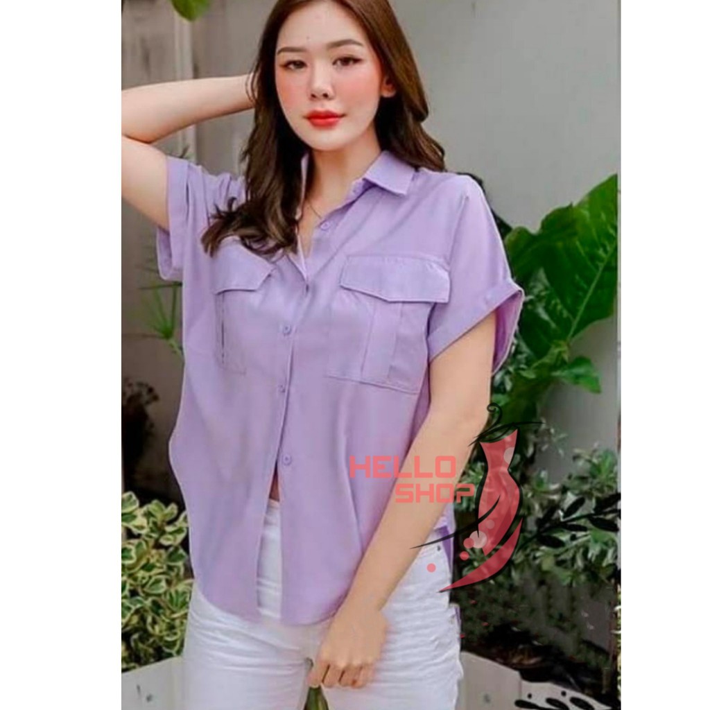 HELLOSHOP - ATASAN KEMEJA WANITA CROP TOP KEMEJA BASIC CEWEK PAKAIAN REMAJA ABG DEWASA BAJU KEKINIAN