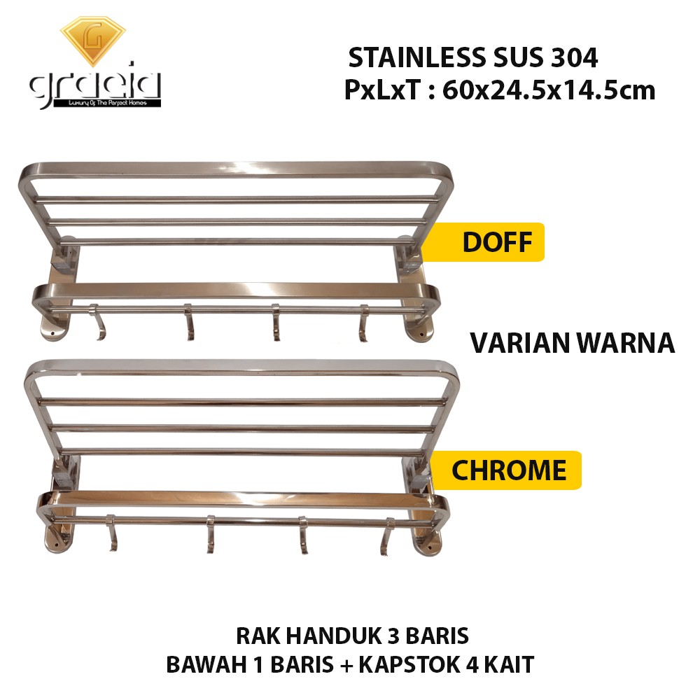 Rak Handuk / Gantungan Baju Handuk Stainless Steel SUS 304 Original 4 Baris