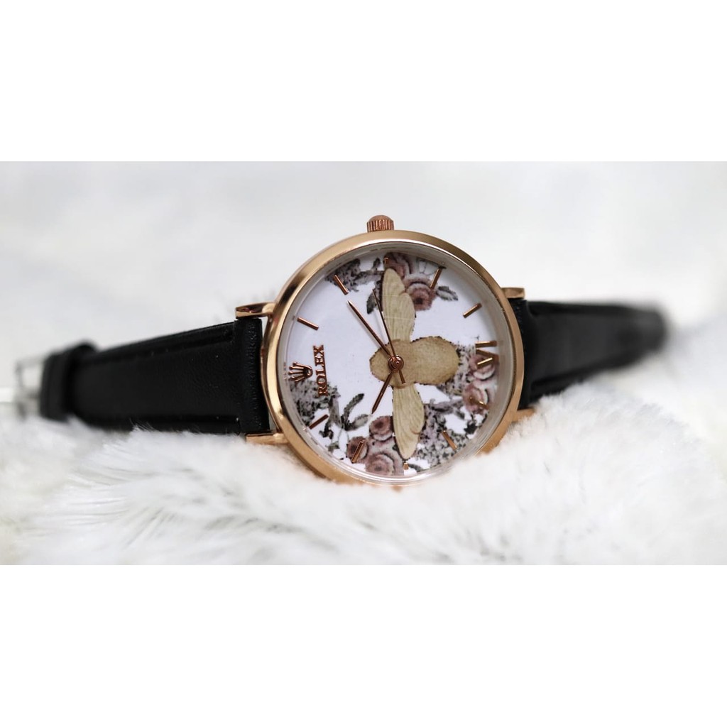 Jam Tangan Wanita Rolex Motif Lebah Tali Kulit