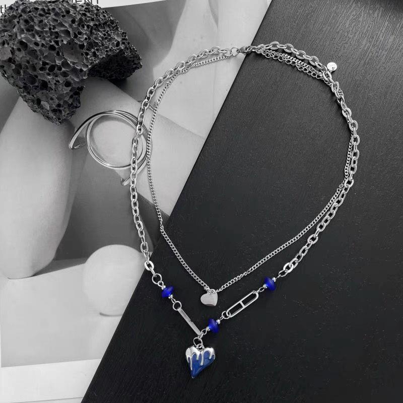 Klein Kalung Rantai Ganda Dengan Liontin Hati Warna Biru Untuk Wanita