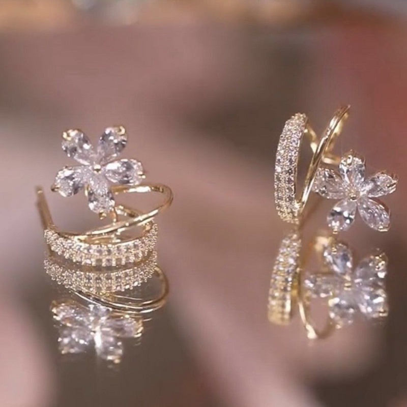 Anting Tusuk Bentuk U Desain Bunga Hias Zircon Gaya Simple Untuk Wanita