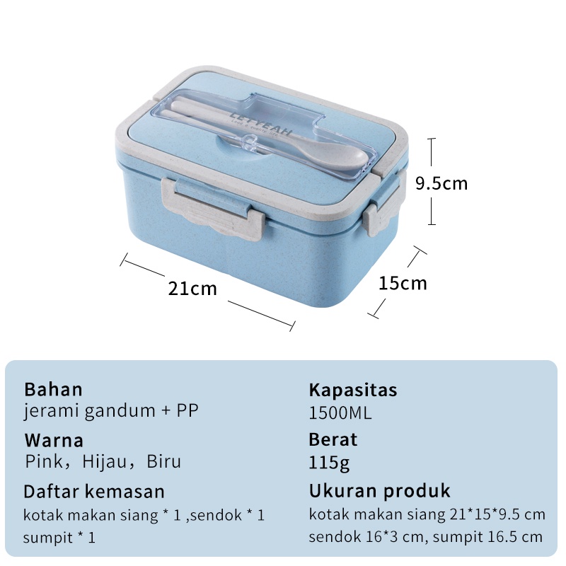 Letyeah &amp; Kaizenliving lunch box jerami kotak makan anti tumpah Tempat Makan 1500ml bpa free