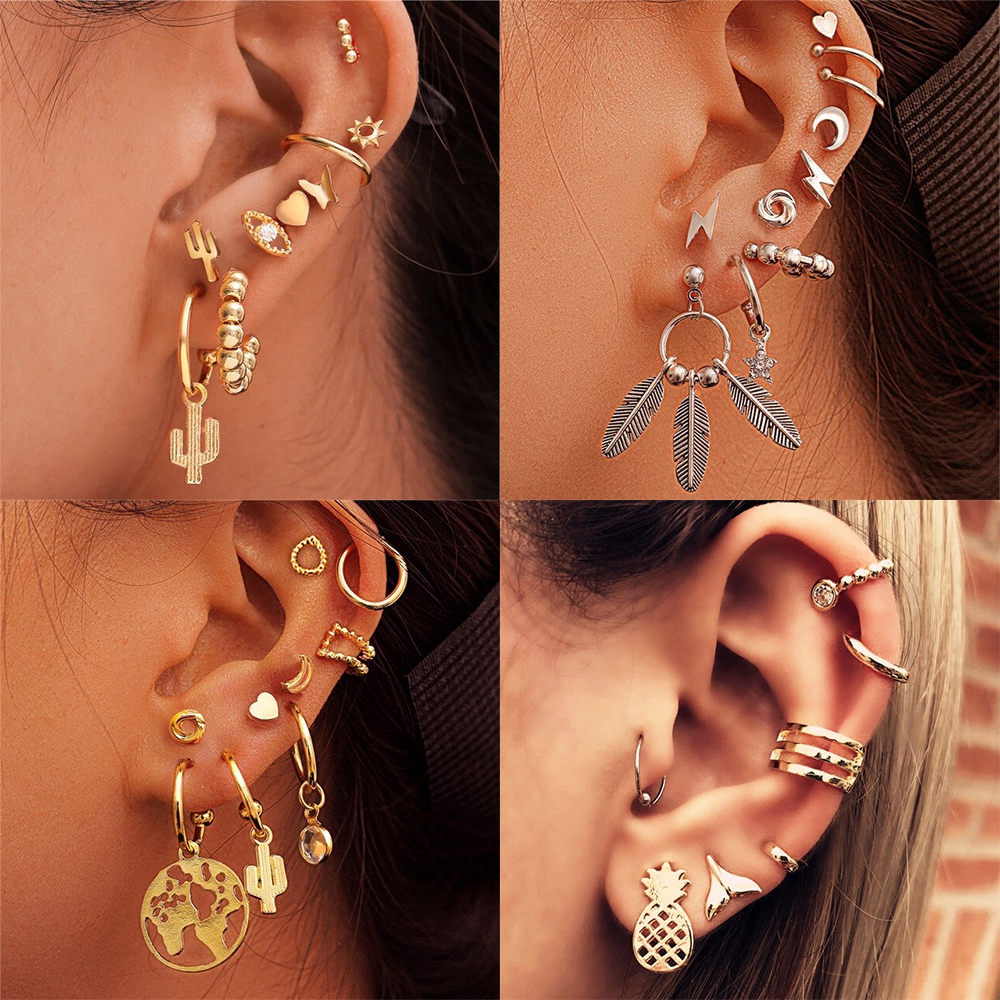 Set Anting Menjuntai Bahan Logam Warna Emas Gaya Bohemian Vintage Untuk Aksesoris Wanita