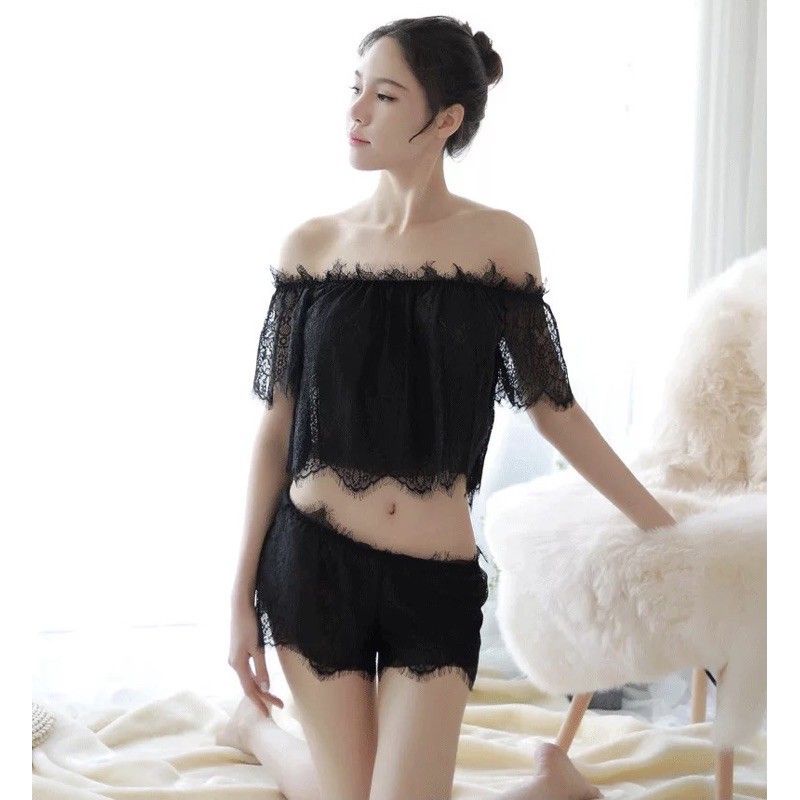 IKAYANI_STORE Lingerie Sabrina Lace Set Atasan Hotpant Sexy Hot Menggoda Baju Dinas Suami Istri Mala