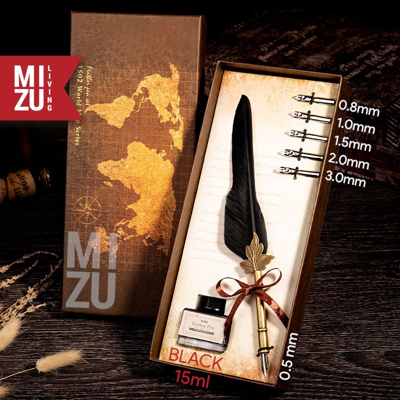 MIZU HANEPEN Calligraphy Set Kaligrafi Feather Quill Dip Pen Bulu 6 Steel Nibs 1 Ink Tinta