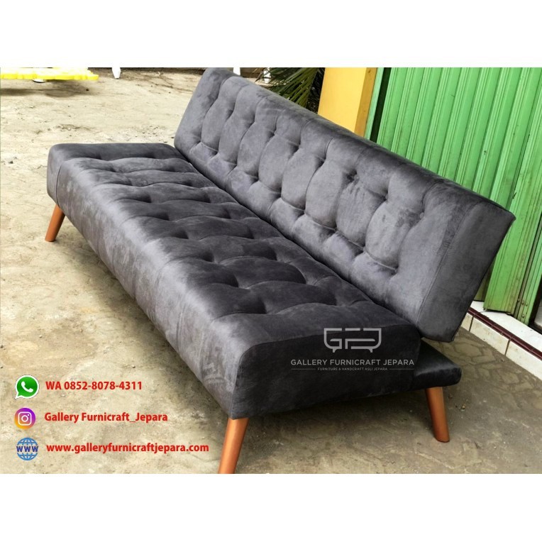 Sofa Bed Retro Lipat Kain Beludru Abu