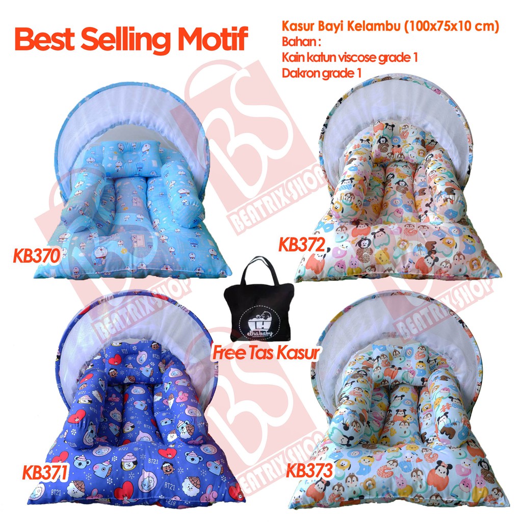 Kasur Lipat Bayi Set Kelambu Bantal Guling | Tempat Tidur Anak Baru Lahir Motif Lucu Bonus Tas 80