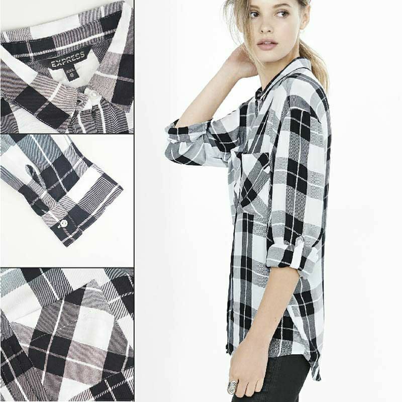 Kemeja Kotak Kotak Wanita Grey Stripe Branded Original Express