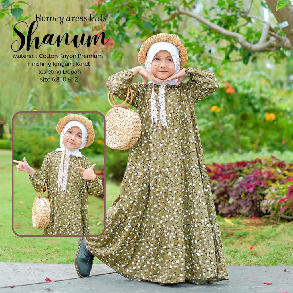 Gamis Anak Perempuan Umur 4 sd 12 tahun_Gamis Anak Bahan Rayon_Homey Dress Shanum Kids_Pakaian Muslim Anak Perempuan