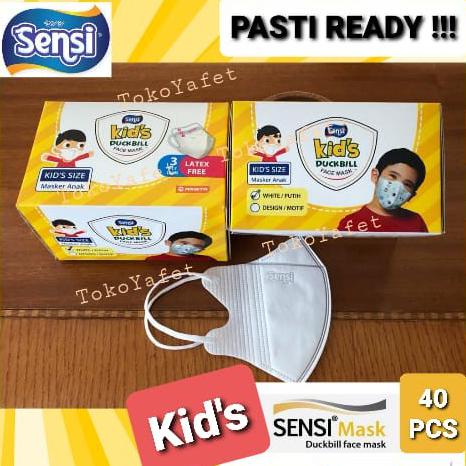 ( BISA COD ) Masker SENSI DUCKBILL KIDS Face Mask Masker Anak isi 40 pcs - PUTIH POLOS CUCI GUDANG