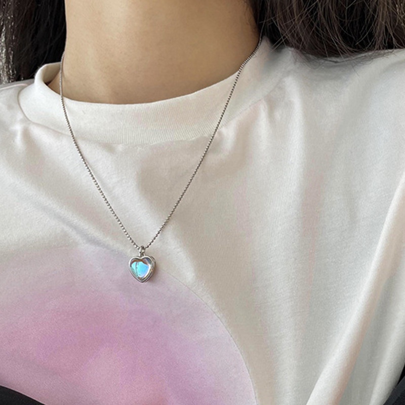 Kalung Rantai Dengan Liontin Batu Moonstone Bentuk Hati Gaya Korea Untuk Wanita