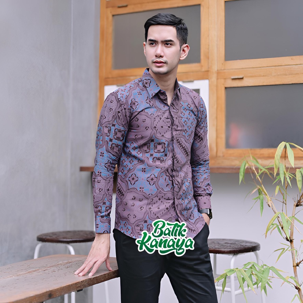 Kanaya - Kemeja Batik Pria Lengan Panjang Full Furing Warna Ungu Bahan Katun Sragenan Motif HAIDA