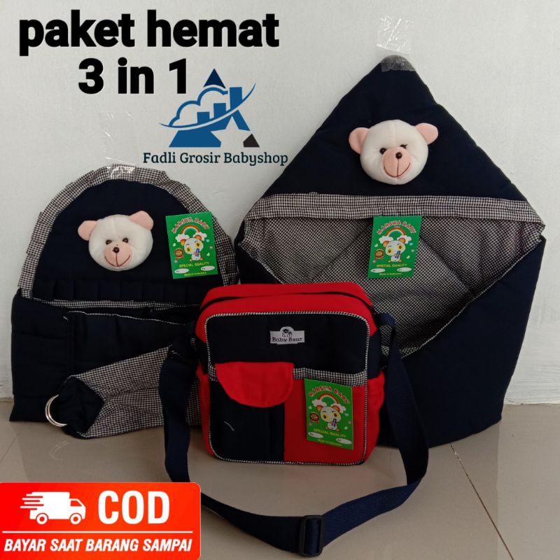 Tas Bayi Marsya Selimut Bayi Topi Beruang Dan Gendongan Bayi Samping Topi Beruang ( 3 in 1 )