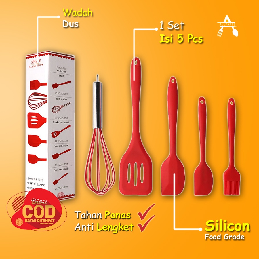 1 SET SPATULA 5 IN 1 PERLENGKAPAN MASAK SET SPATULA SILICON SET TAHAN PANAS SPATULA SILIKON PERALATAN MASAK LENGKAP