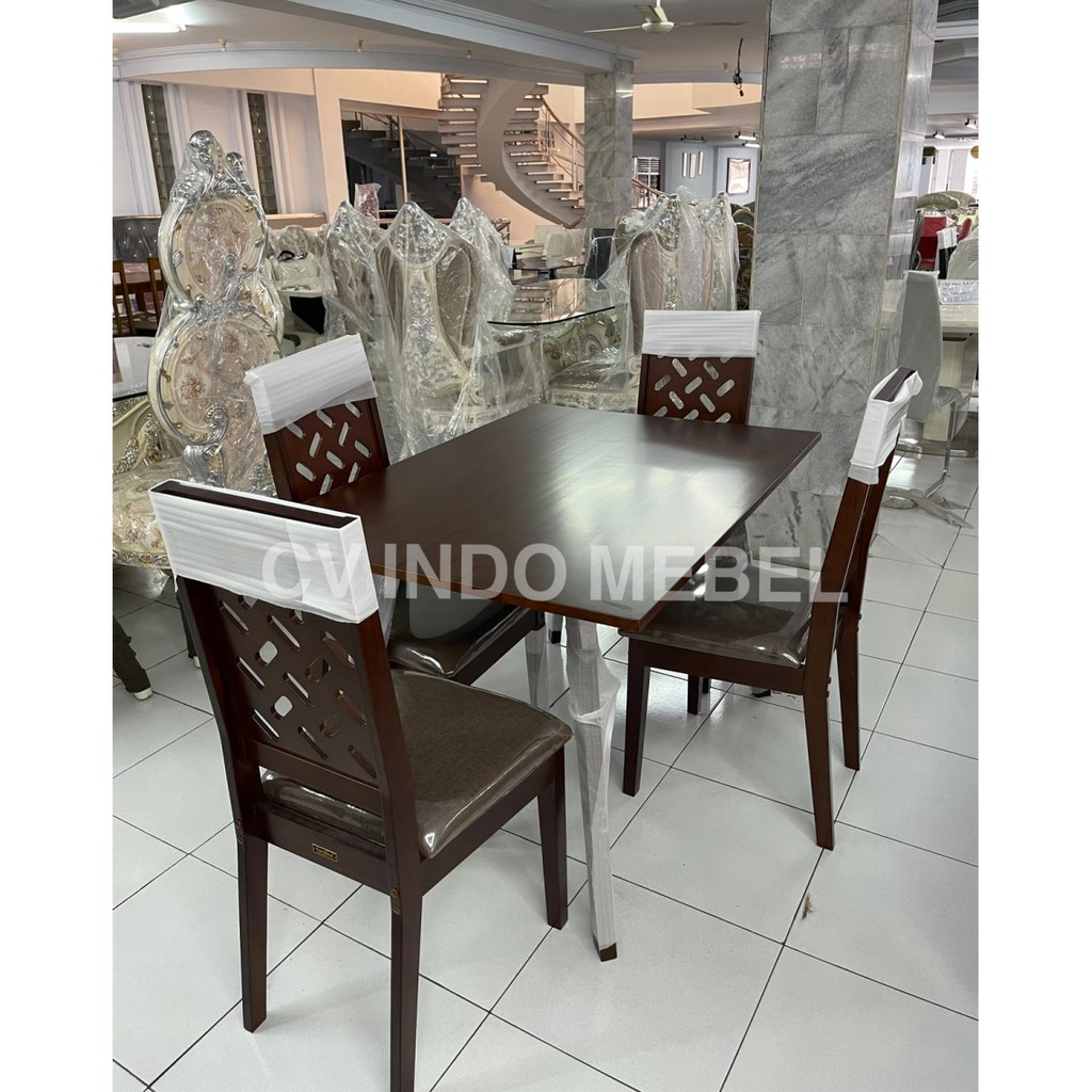 Meja makan minimalis 4 kursi murah kayu ready makassar promo mewah
