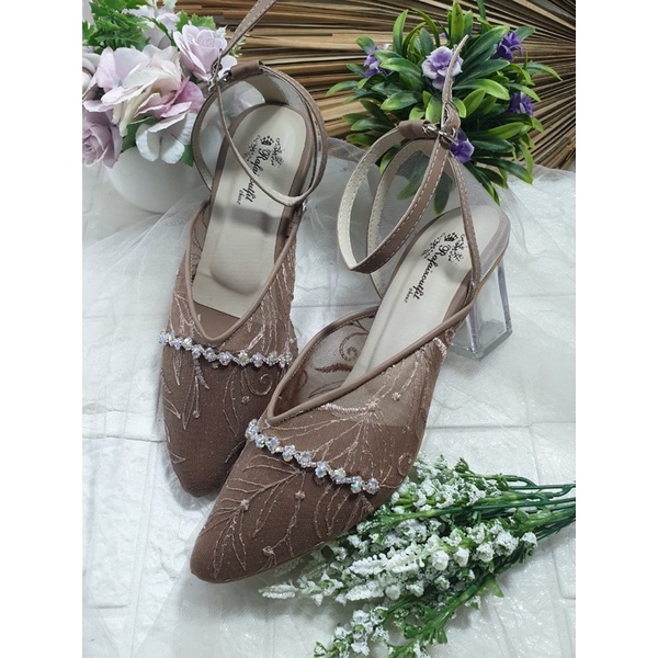 sepatu mocca violin mutiara tali 7cm kaca