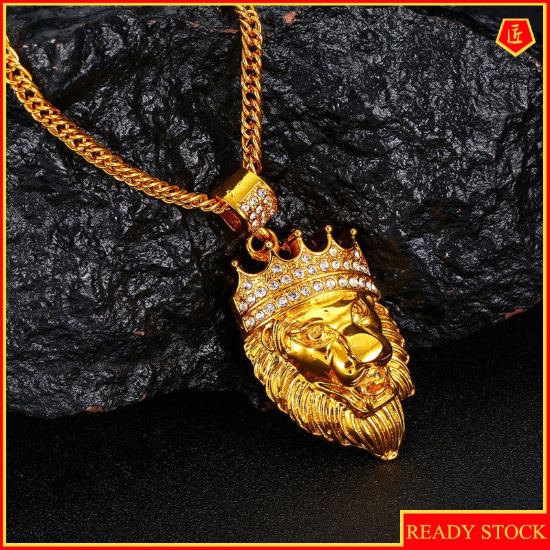 [Ready Stock]Fashion New Gold-Plated Diamond Crown Lion's Head Pendant Necklace