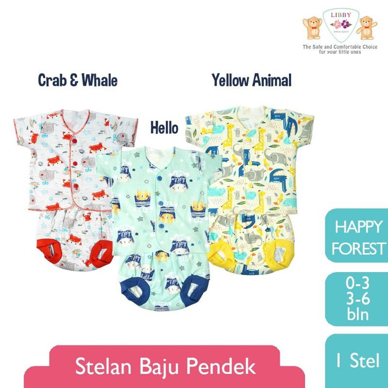 LIBBY  Stelan Baju Pendek - Celana Pop Newborn Motif Happy Forest (3stel)