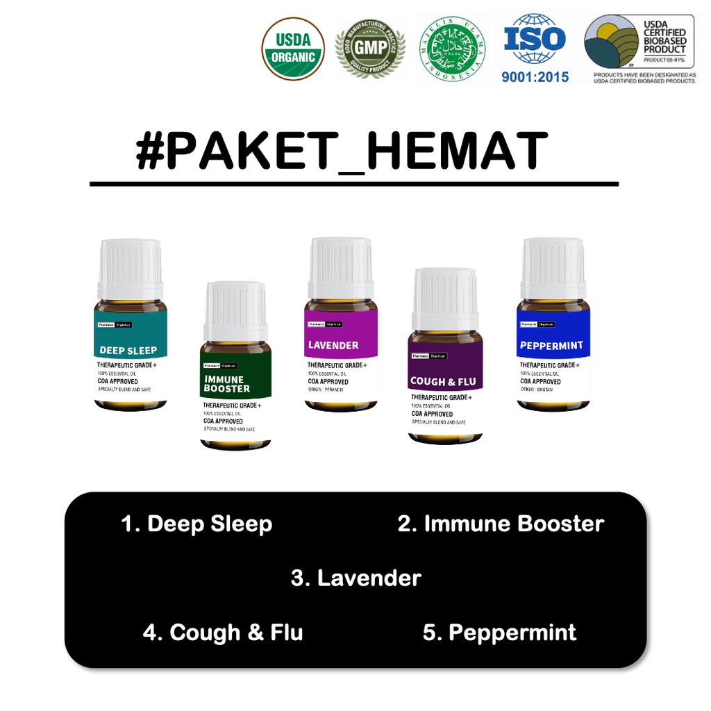 Paket Hemat 5 Essential Oil Best Seller by Pharmacie Organico Isi 10 ml per botol