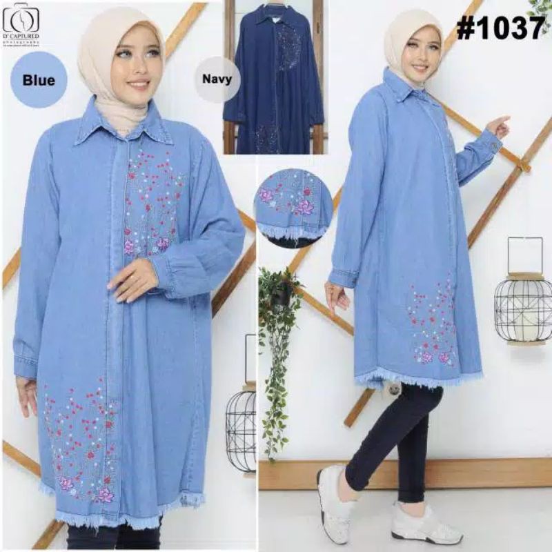 DRESS JEANS PANJANG BUNGA BORDIR / TUNIK JEANS MUSLIM / DRESS MUSLIM / TUNIK DENIM JUMBO