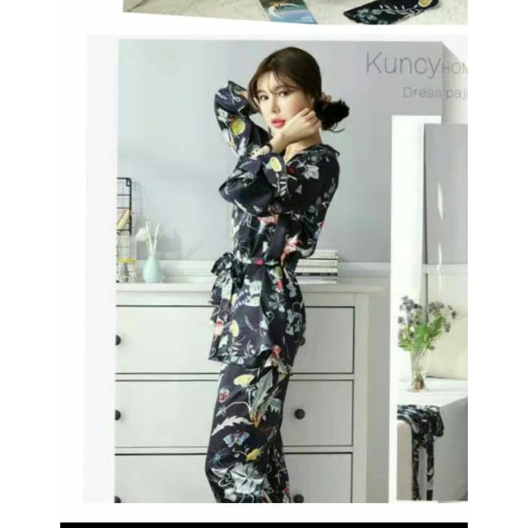 baju tidur kimono satin dan katun import cp motif daun