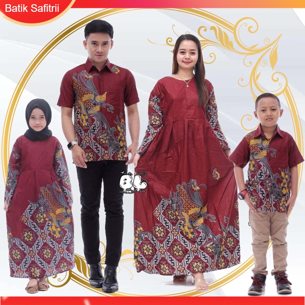 Couple Keluarga - Batik Keluarga Hijab - Ibu Bapak Anak - Motif Burung Kenari Merah - Dress Tunik Bl