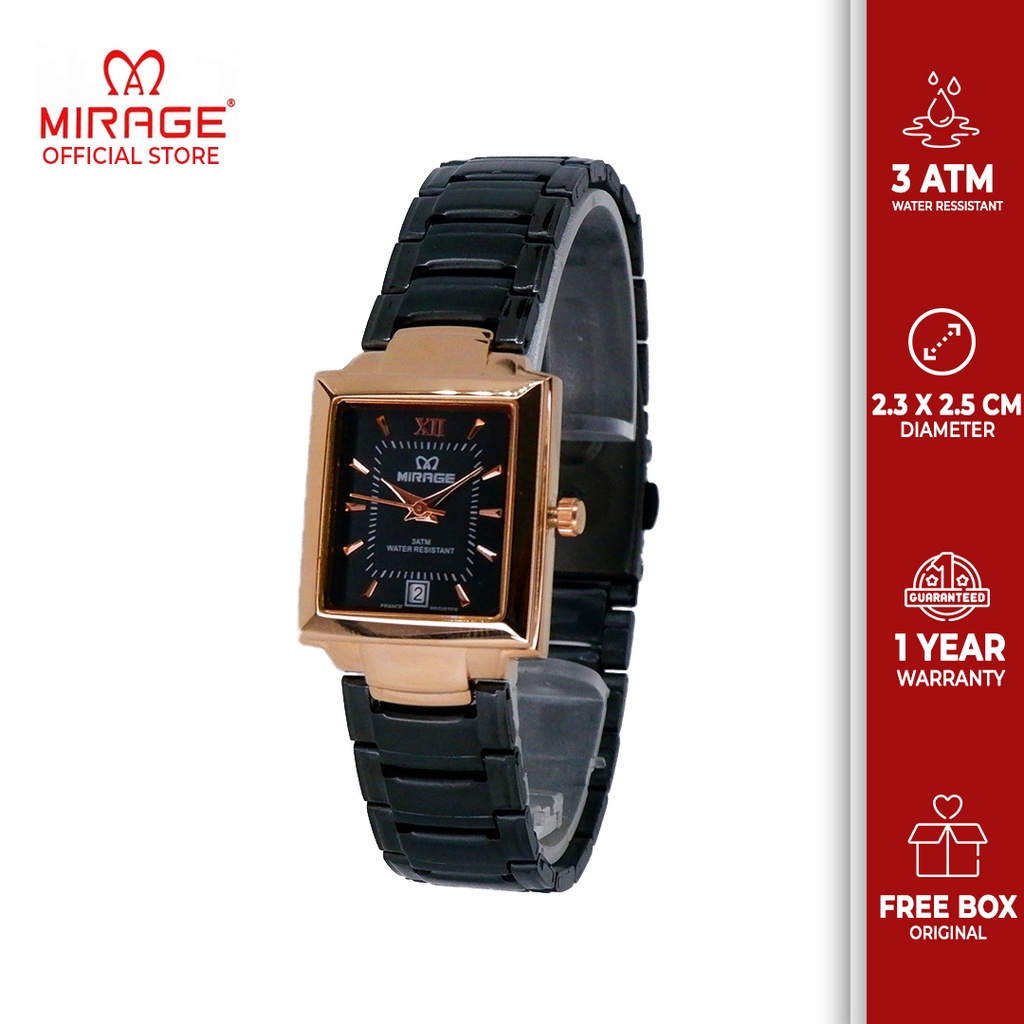 Mirage Jam Tangan Wanita Analog Original Anti Air 7395 L Hitam Rosegold Segi Tanggal Aktif Garansi