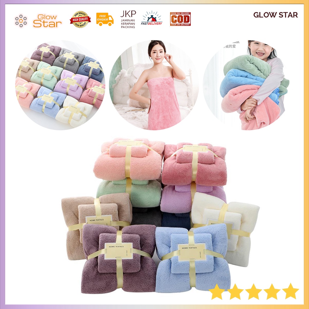 Set Handuk Mandi Cuci Muka 70 x 140 + 35 x 75 cm 300 Gram Serat Prima Halus Lembut Mudah menyerap