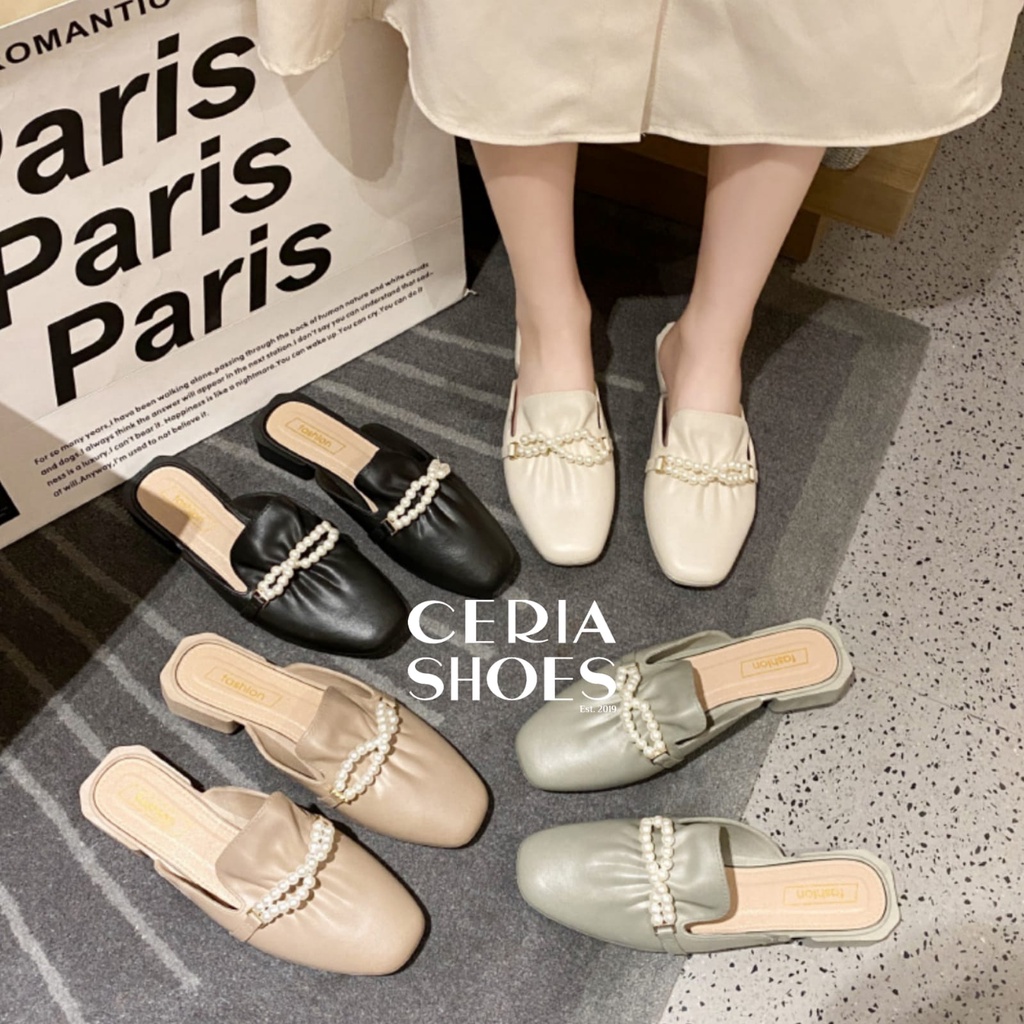 Sandal Slop Hak Pendek Wanita Import Motif Mutiara Sepatu Selop Anti Slip Bahan Jelly Halus Empuk Elastis Fashion Loafer