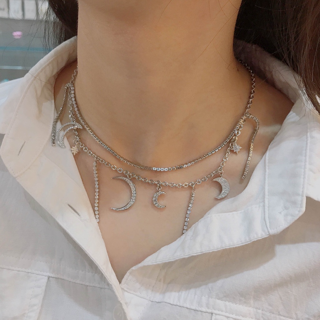 Kalung Chocker Model Lapis Ganda Bahan Stainless Desain Matahari Bulan Bintang Laut